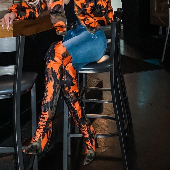 AKIRA Shoes - Orange Camo Thigh high boots